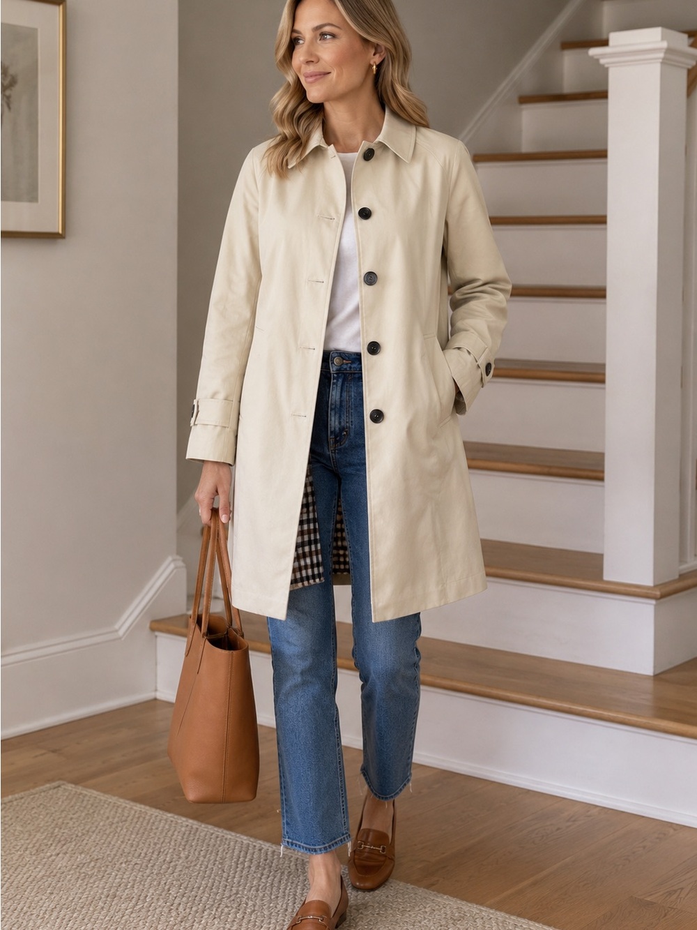 Classic Cream Trench Coat with Checked Lining - Size S